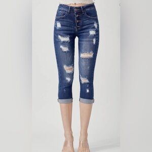RISEN MID-RISE BUTTON FLY DISTRESSED CAPRI DARK DENIM JEANS SIZE 9 / 29 STRETCH